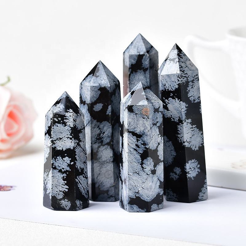 Snowflake Obsidian Gemstone Pencil Point Tower Healing Wand Stick - Grade: Aaa