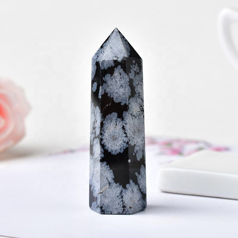 Snowflake Obsidian Gemstone Pencil Point Tower Healing Wand Stick - Grade: Aaa