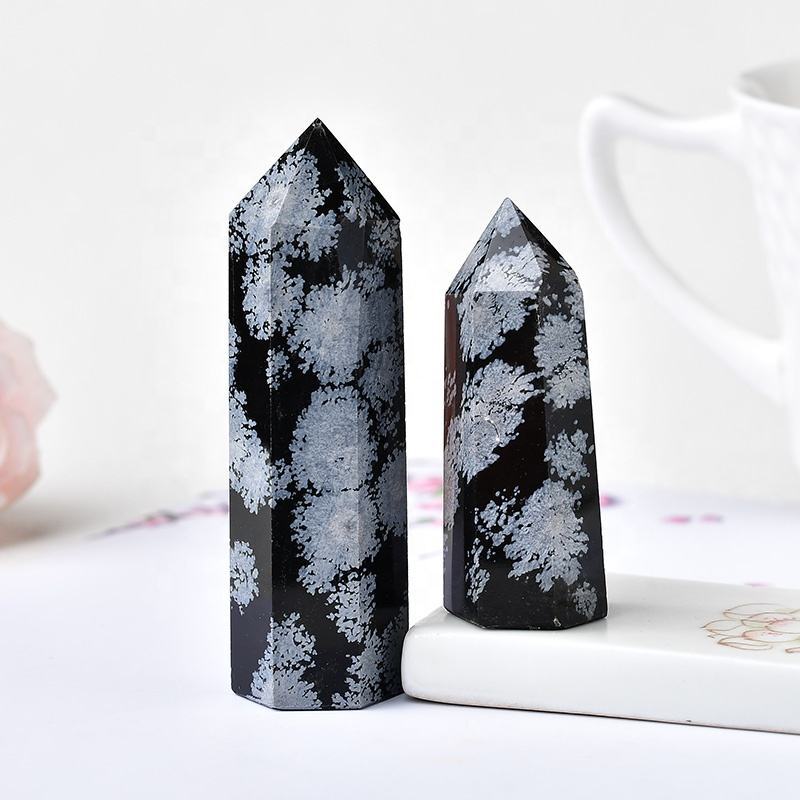 Snowflake Obsidian Gemstone Pencil Point Tower Healing Wand Stick - Grade: Aaa