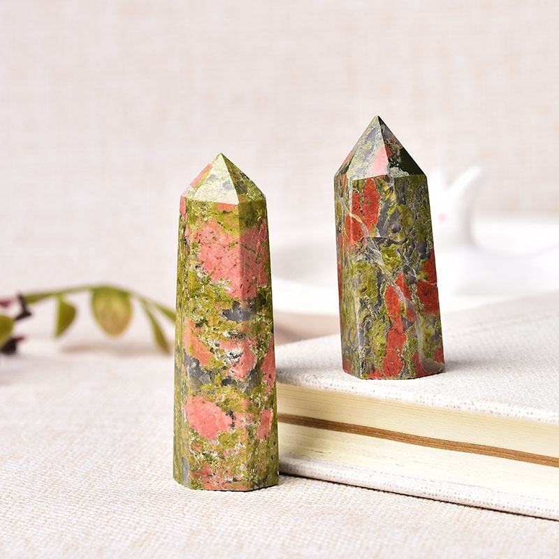 Green Unakite Gemstone Crystal Tower Pencil Point Healing Wand Stick - Grade: Aaa