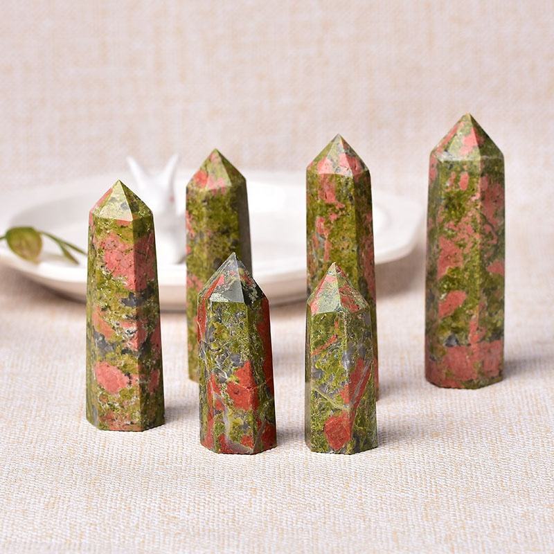 Green Unakite Gemstone Crystal Tower Pencil Point Healing Wand Stick - Grade: Aaa