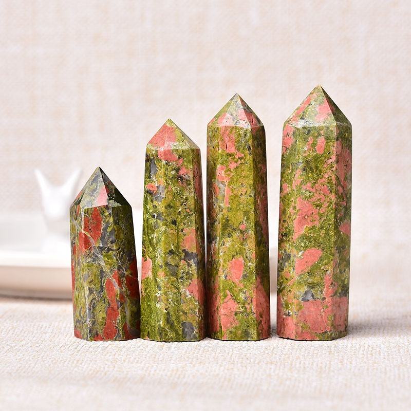 Green Unakite Gemstone Crystal Tower Pencil Point Healing Wand Stick - Grade: Aaa