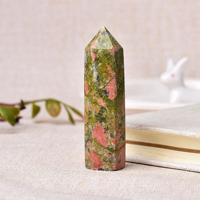 Green Unakite Gemstone Crystal Tower Pencil Point Healing Wand Stick - Grade: Aaa