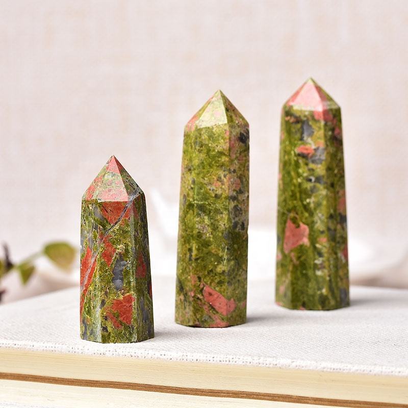 Green Unakite Gemstone Crystal Tower Pencil Point Healing Wand Stick - Grade: Aaa