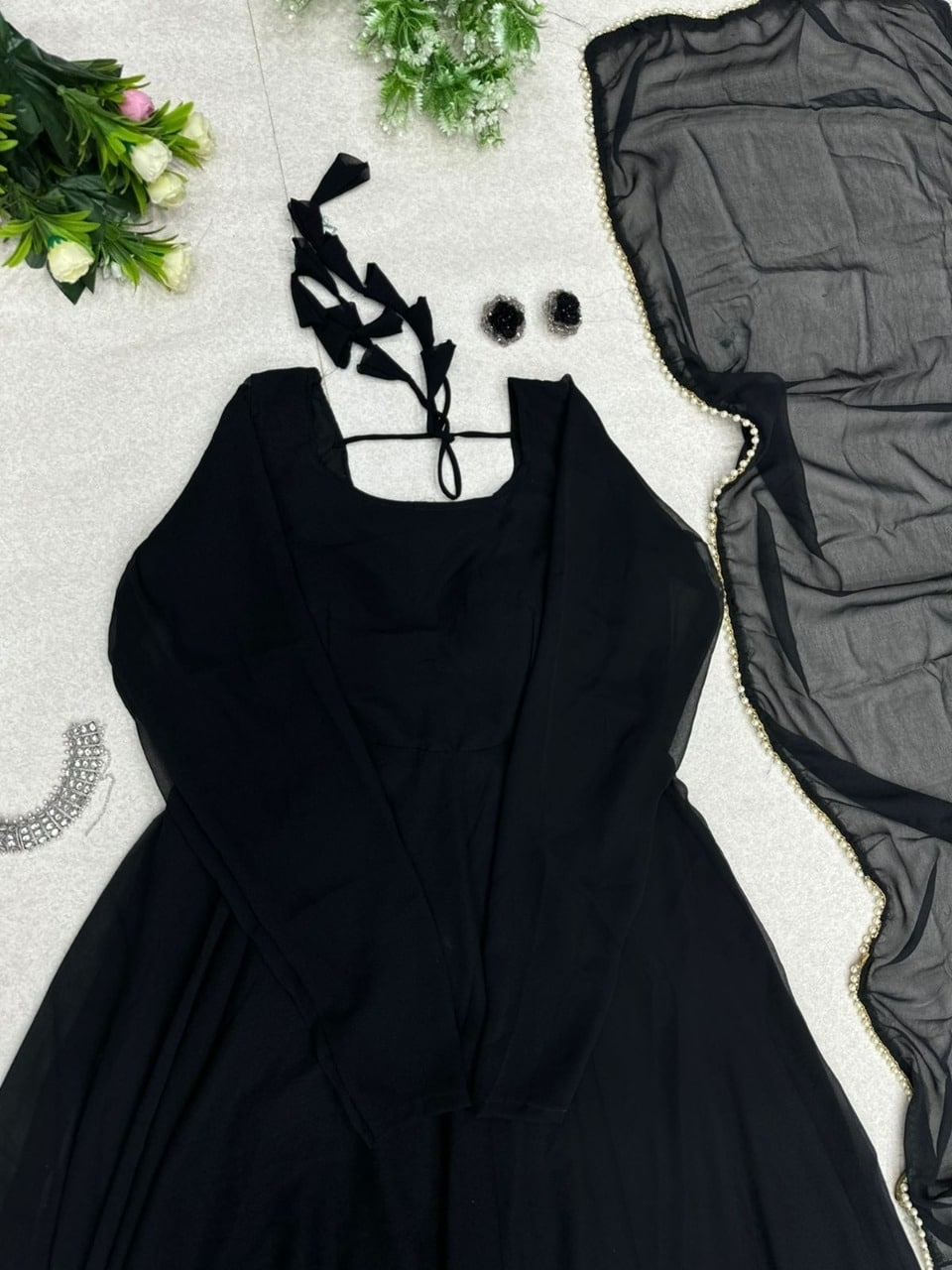 Charvi Georgette Long Gown Type Kurti - Black, S To Xxxl Size, Printed Design With Pearl Lace Dupatta | Washable, Long Sleeve, Casual & Party Wear