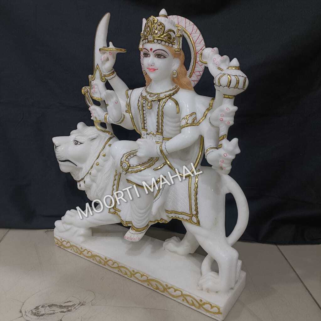White Marble Durga Statue - Height: Approx. 2 Feet, Width: Approx. 1 Foot, Length: Approx. 1 Foot, Color: Glossy White | Polished Finish For Home Worship