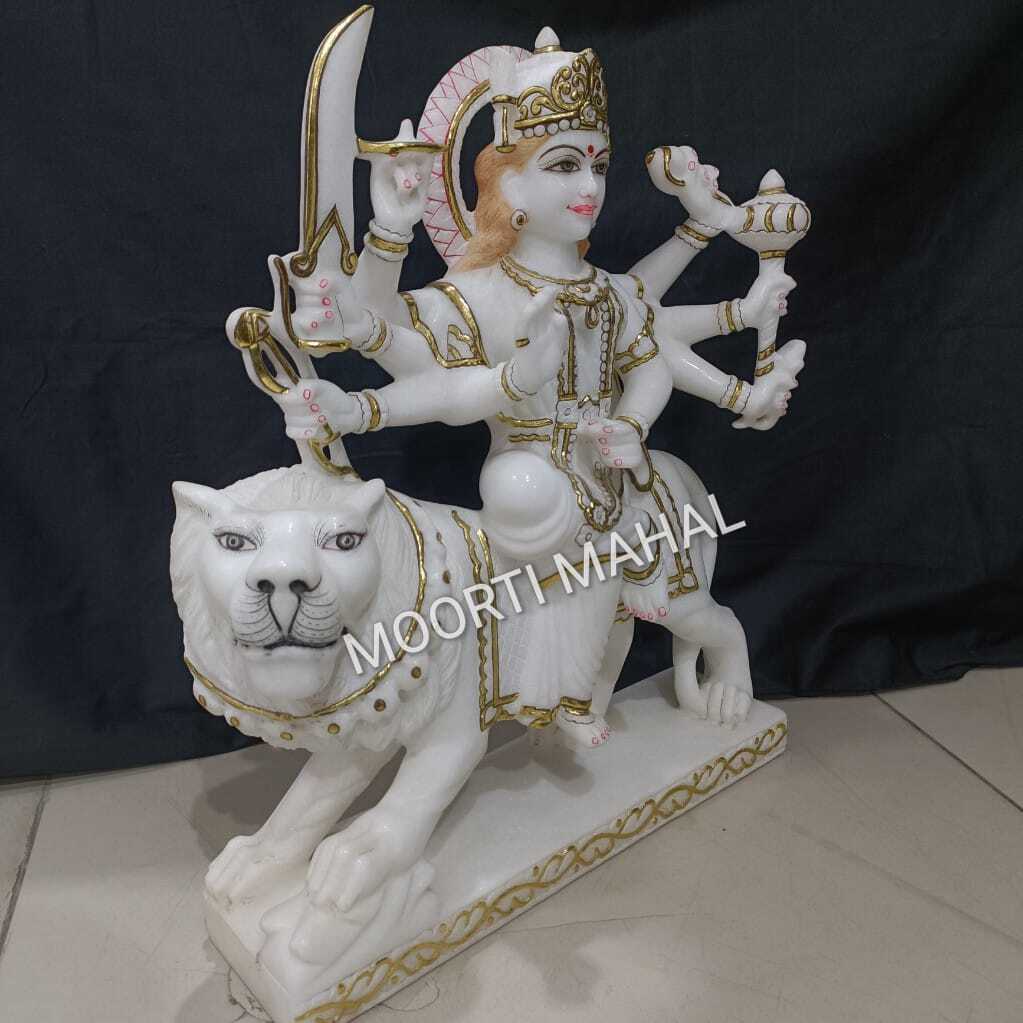 White Marble Durga Statue - Height: Approx. 2 Feet, Width: Approx. 1 Foot, Length: Approx. 1 Foot, Color: Glossy White | Polished Finish For Home Worship