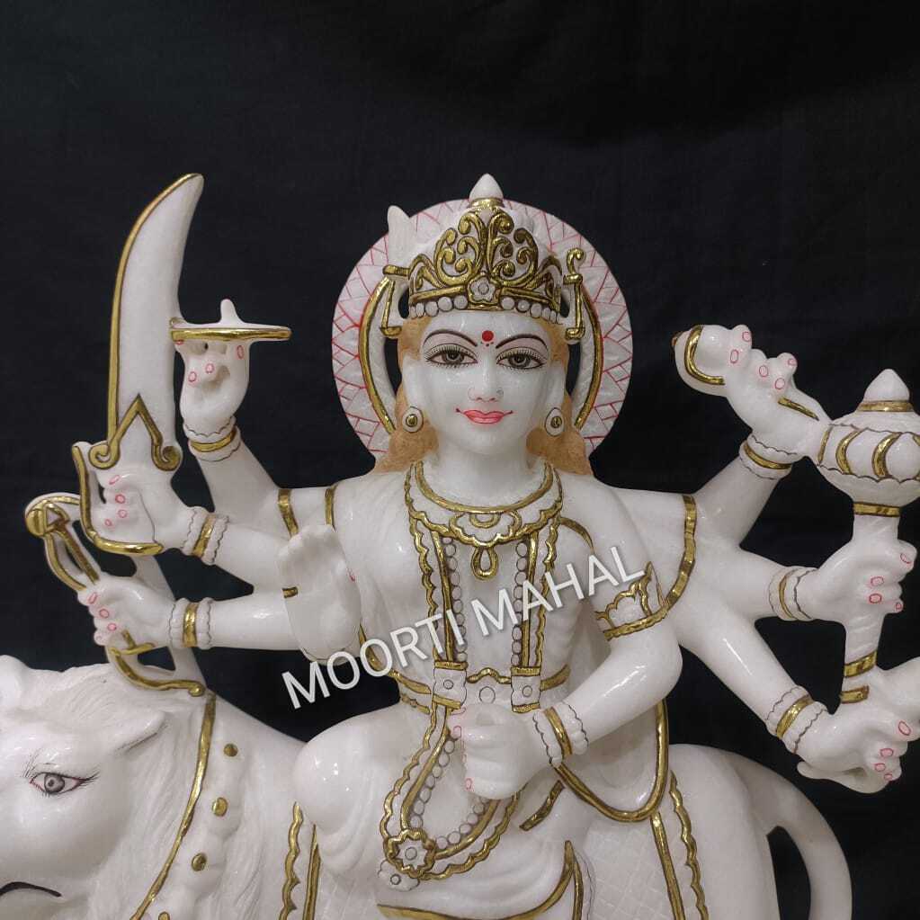 White Marble Durga Statue - Height: Approx. 2 Feet, Width: Approx. 1 Foot, Length: Approx. 1 Foot, Color: Glossy White | Polished Finish For Home Worship