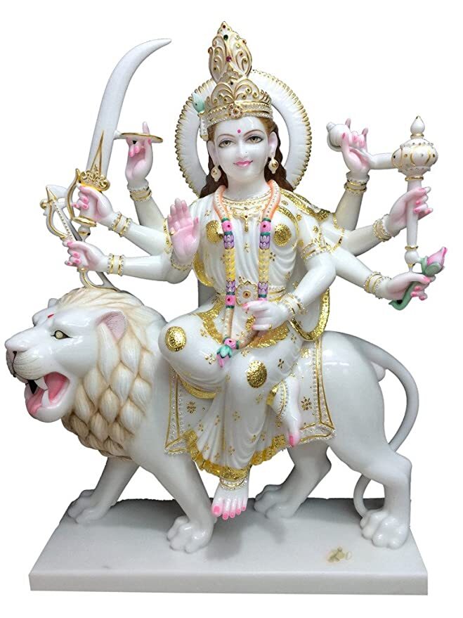 White Marble Durga Statue - Height: Approx. 2 Feet, Width: Approx. 1 Foot, Length: Approx. 1 Foot, Color: Glossy White | Polished Finish For Home Worship