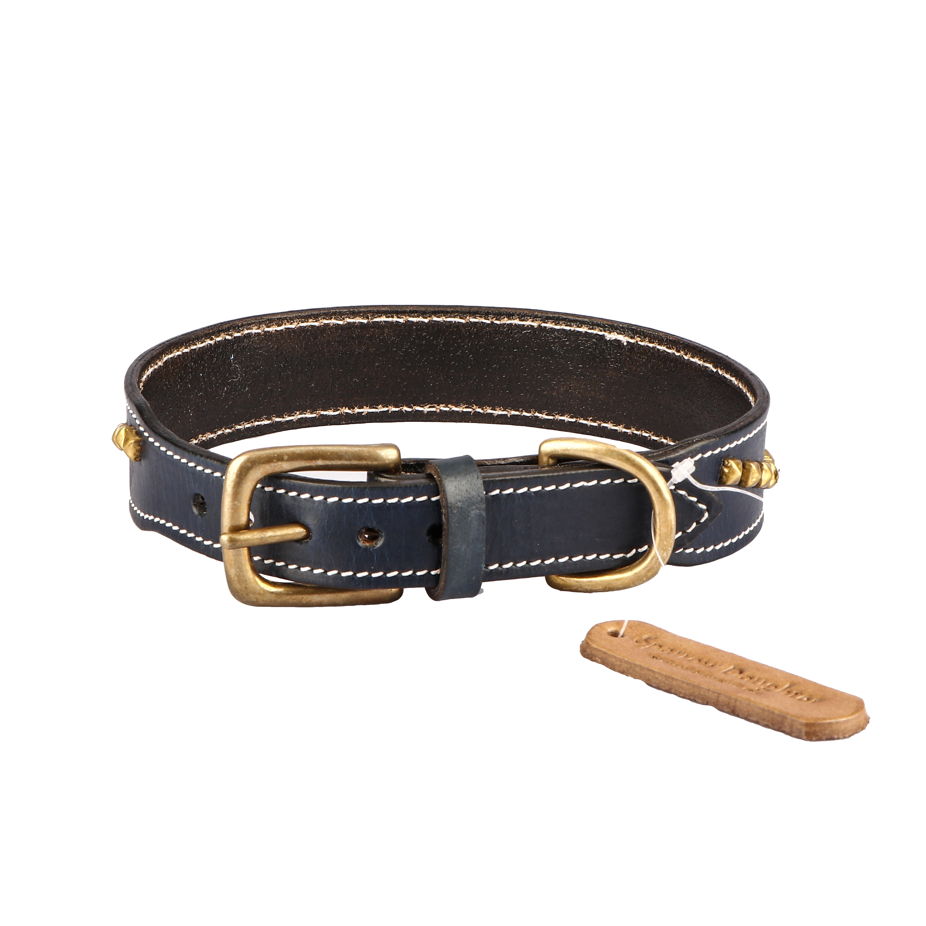Sparrow Daughter Hand Made Studded Dog Collar - Leather, Multiple Sizes, Blue | Antique Brass Buckle, Durable, Handcrafted, Rust Resistant, Stylish Design