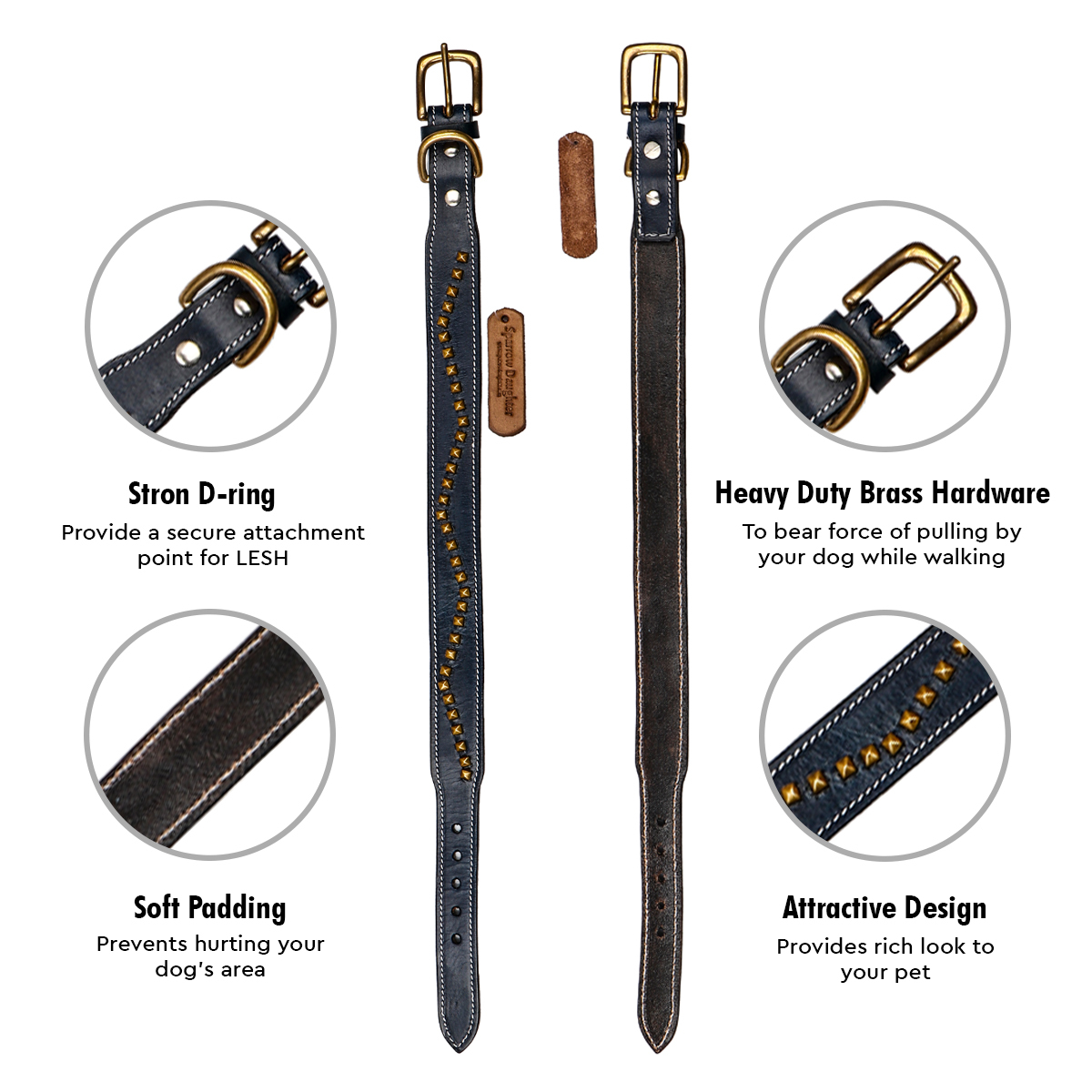 Sparrow Daughter Hand Made Studded Dog Collar - Leather, Multiple Sizes, Blue | Antique Brass Buckle, Durable, Handcrafted, Rust Resistant, Stylish Design