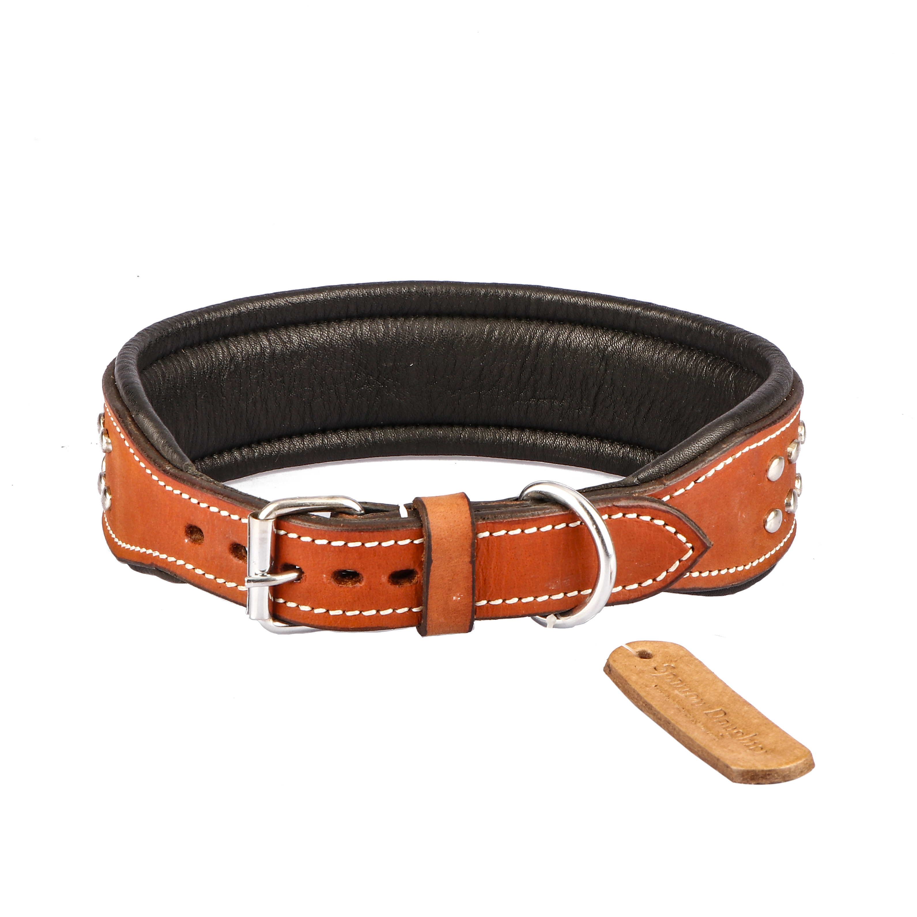 Sparrow Daughter Brown Dog Collar With Studded - Leather, Adjustable Size, 5 Holes | Antique Brass Buckle, Comfortable Wear, Durable Design