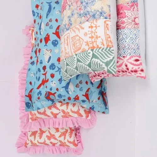 Hand Block Printed Baby Pillow - 100% Cotton, 12x18 Inches, Multi Color | Soft Frill Design, Concealed Zipper, Machine Washable Filling