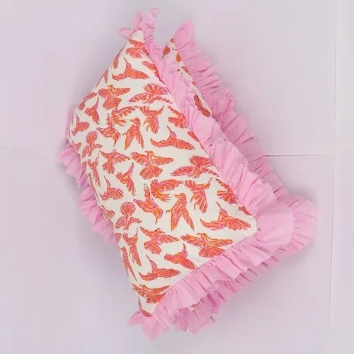 Hand Block Printed Baby Pillow - 100% Cotton, 12x18 Inches, Multi Color | Soft Frill Design, Concealed Zipper, Machine Washable Filling