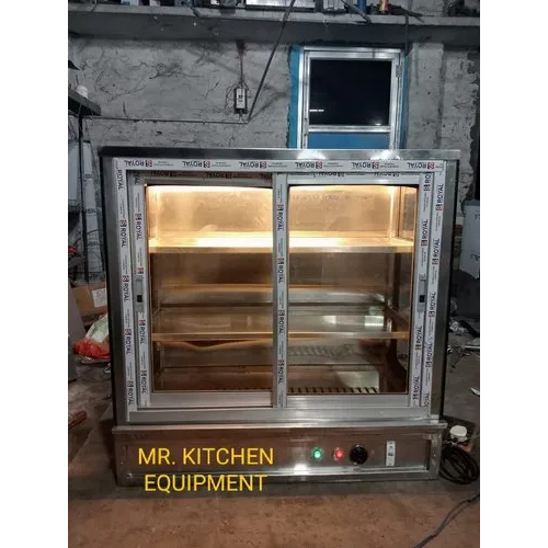 Stainless Steel Food Display Counter - Glossy Silver Finish, Front Glass Display With Led Lighting