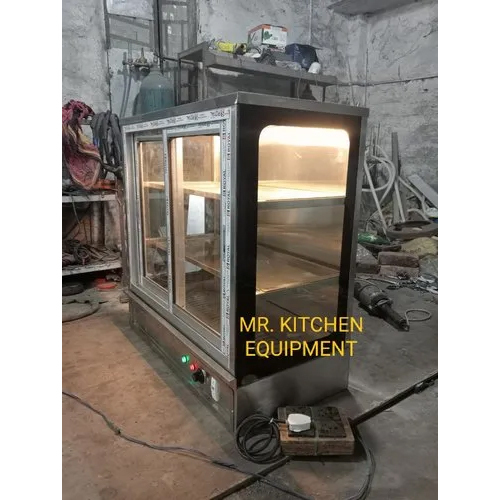 Stainless Steel Food Display Counter - Glossy Silver Finish, Front Glass Display With Led Lighting