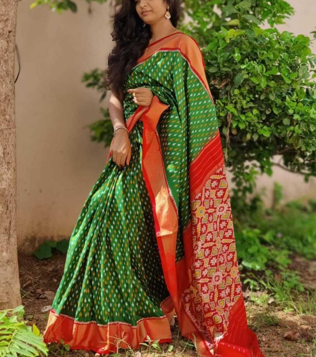 Ikkat Pattu Saree - Cotton Fabric, Double Ikkat Design, Contrast Print Blouse, Designer Pallu