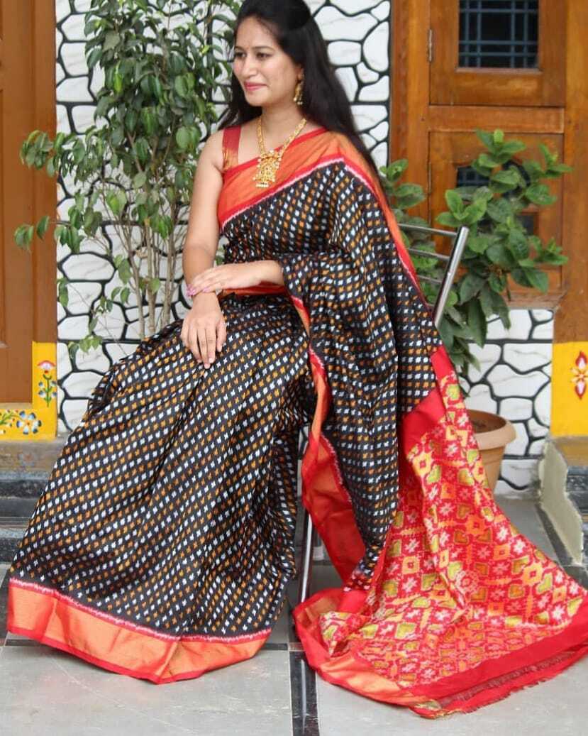 Ikkat Pattu Saree - Cotton Fabric, Double Ikkat Design, Contrast Print Blouse, Designer Pallu