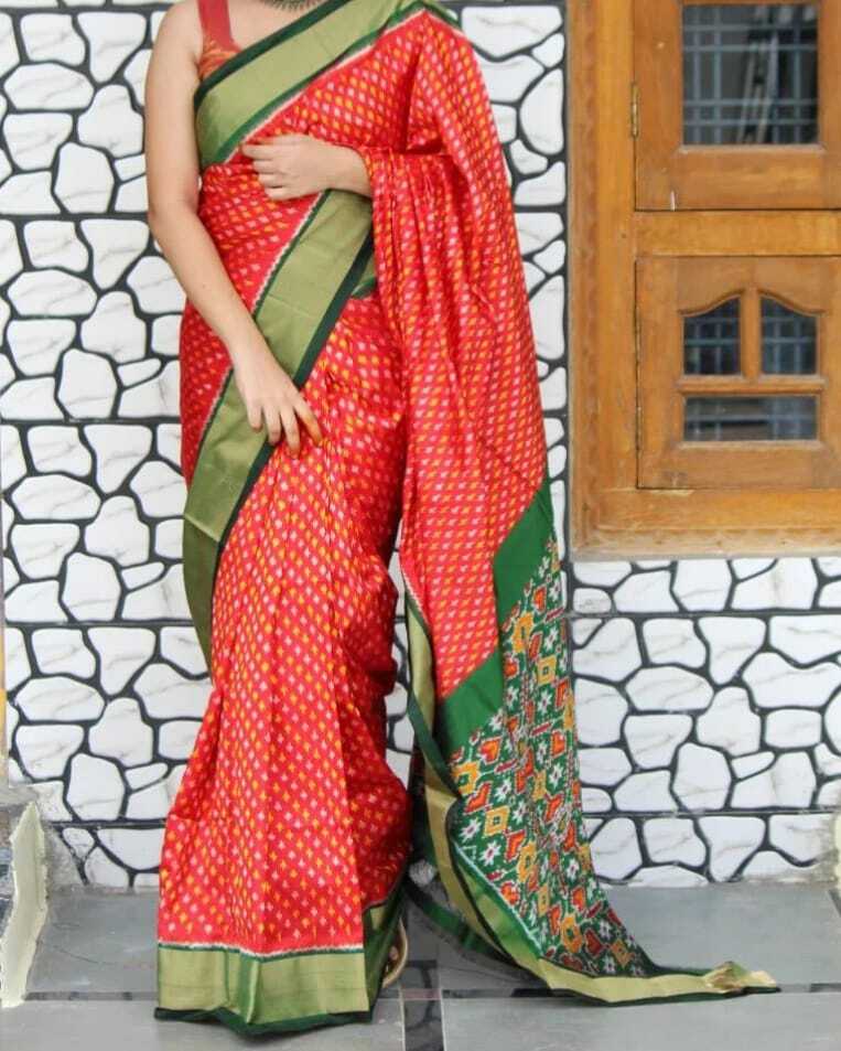 Ikkat Pattu Saree - Cotton Fabric, Double Ikkat Design, Contrast Print Blouse, Designer Pallu