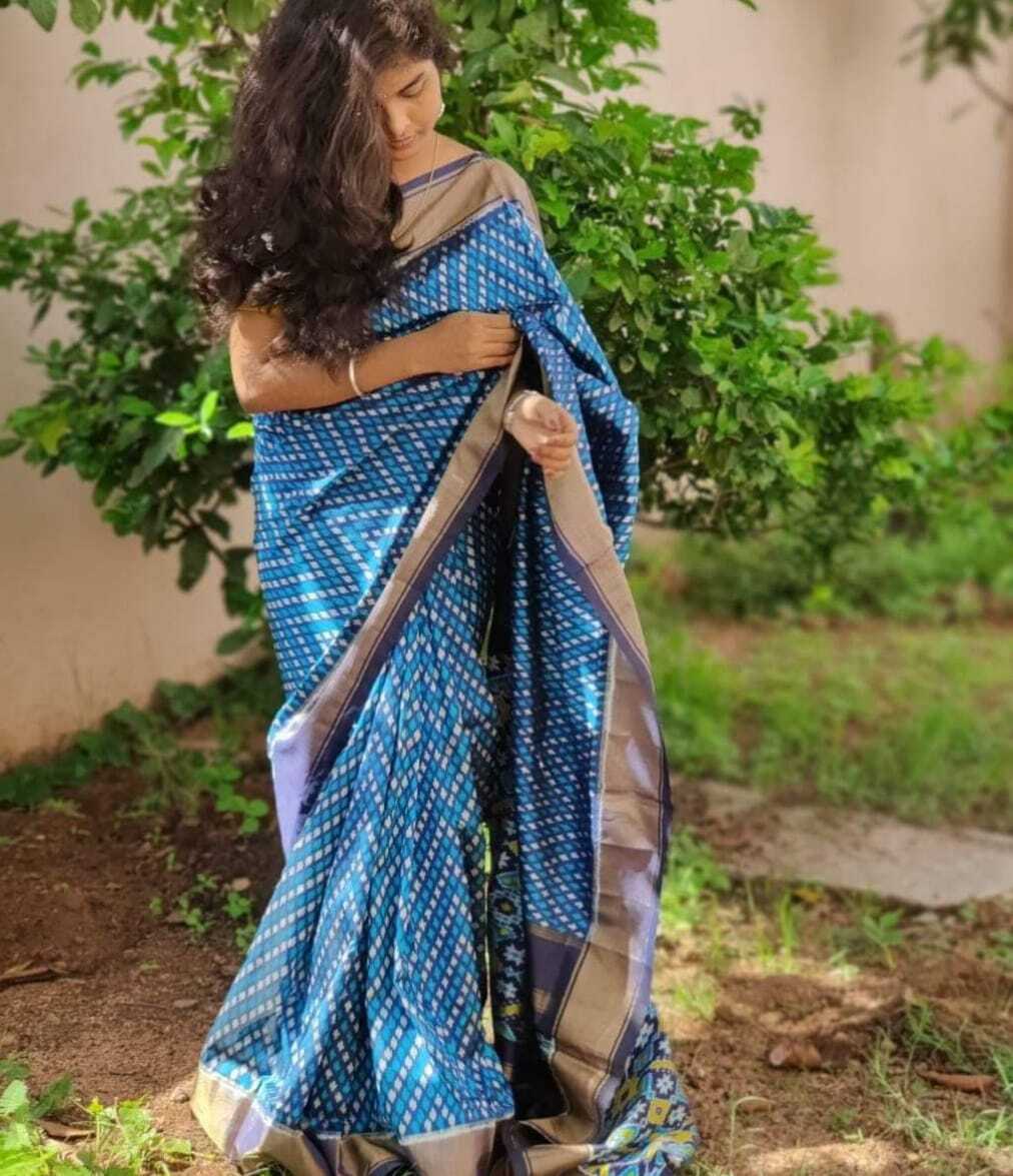 Ikkat Pattu Saree - Cotton Fabric, Double Ikkat Design, Contrast Print Blouse, Designer Pallu