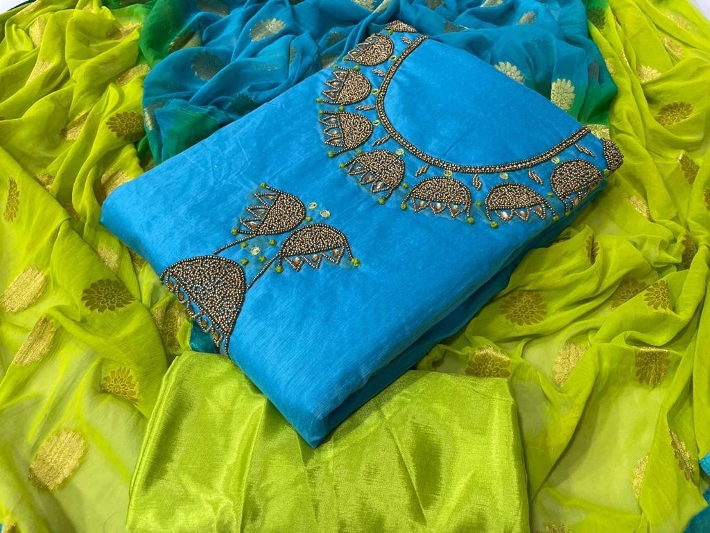 Dress Materials - Cotton Chanderi Pant With Santoon Silk Dupatta, Unstitched Embroidery, 100% Breathable & Trendy For All Seasons