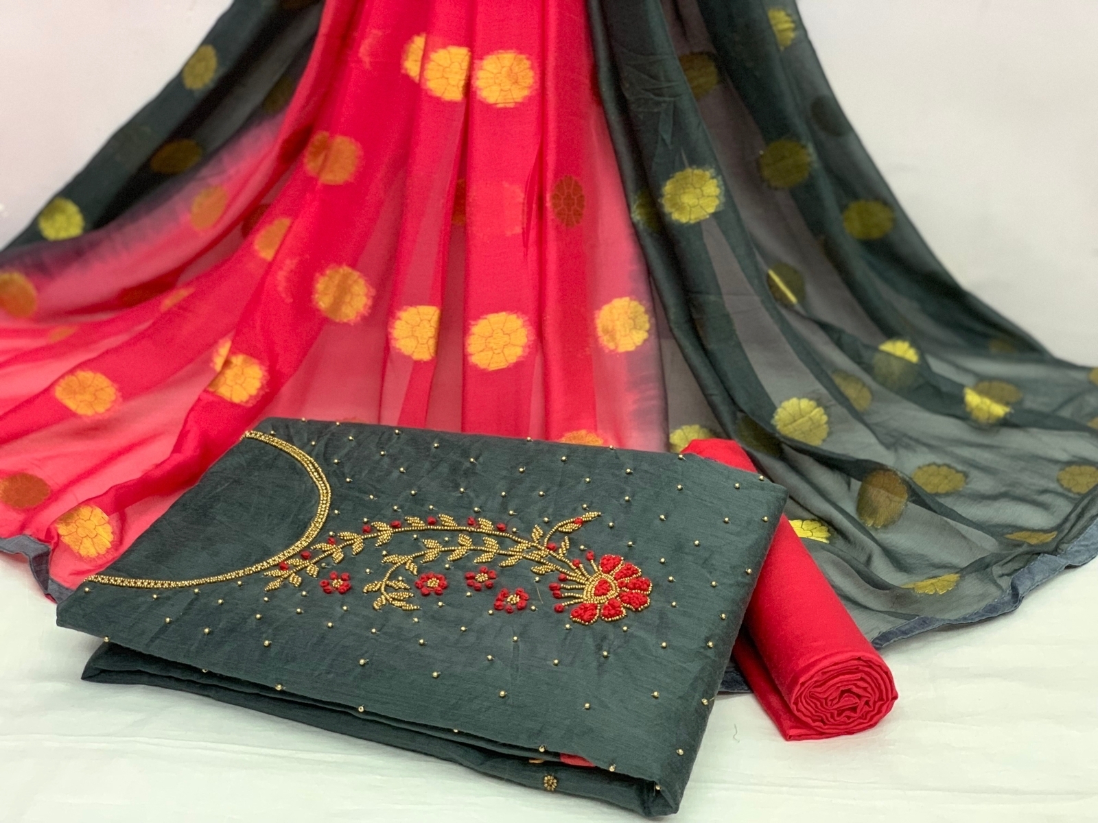 Dress Materials - Cotton Chanderi Pant With Santoon Silk Dupatta, Unstitched Embroidery, 100% Breathable & Trendy For All Seasons