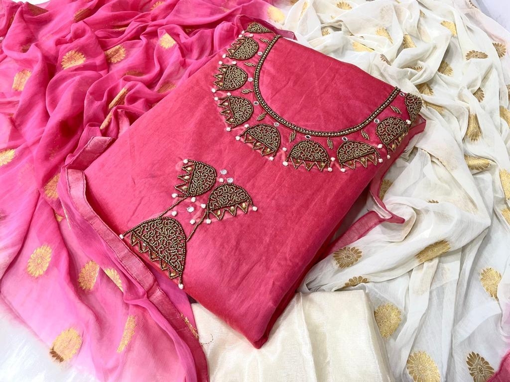 Dress Materials - Cotton Chanderi Pant With Santoon Silk Dupatta, Unstitched Embroidery, 100% Breathable & Trendy For All Seasons