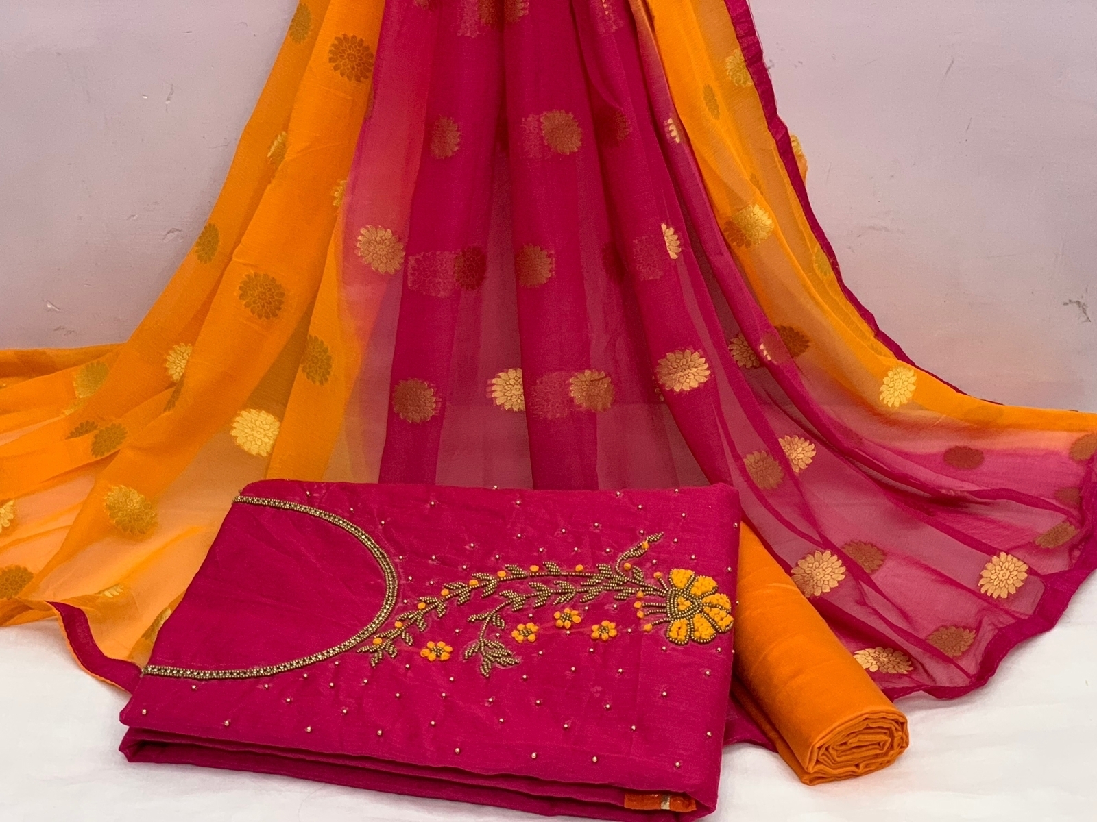 Dress Materials - Cotton Chanderi Pant With Santoon Silk Dupatta, Unstitched Embroidery, 100% Breathable & Trendy For All Seasons