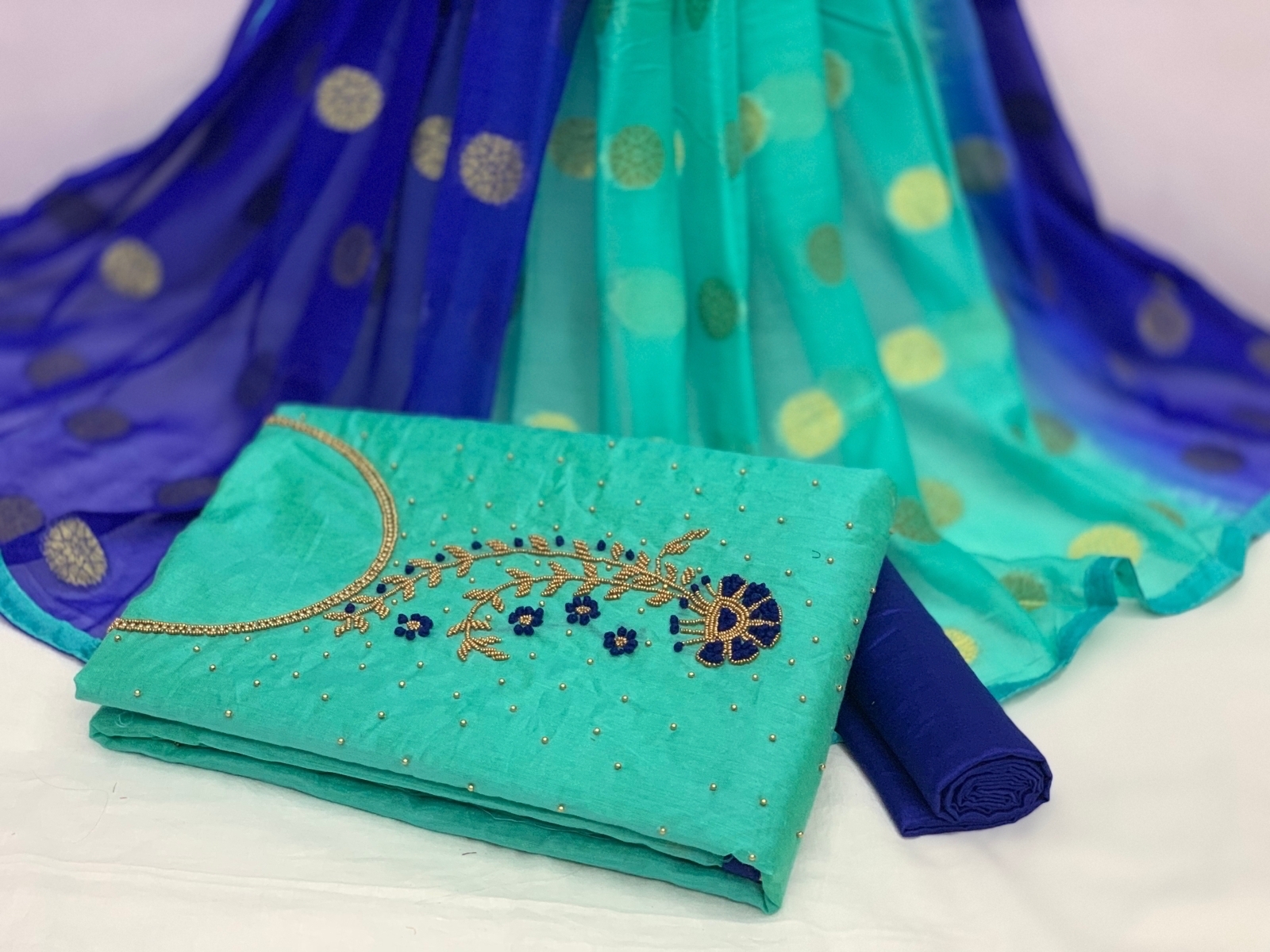Dress Materials - Cotton Chanderi Pant With Santoon Silk Dupatta, Unstitched Embroidery, 100% Breathable & Trendy For All Seasons