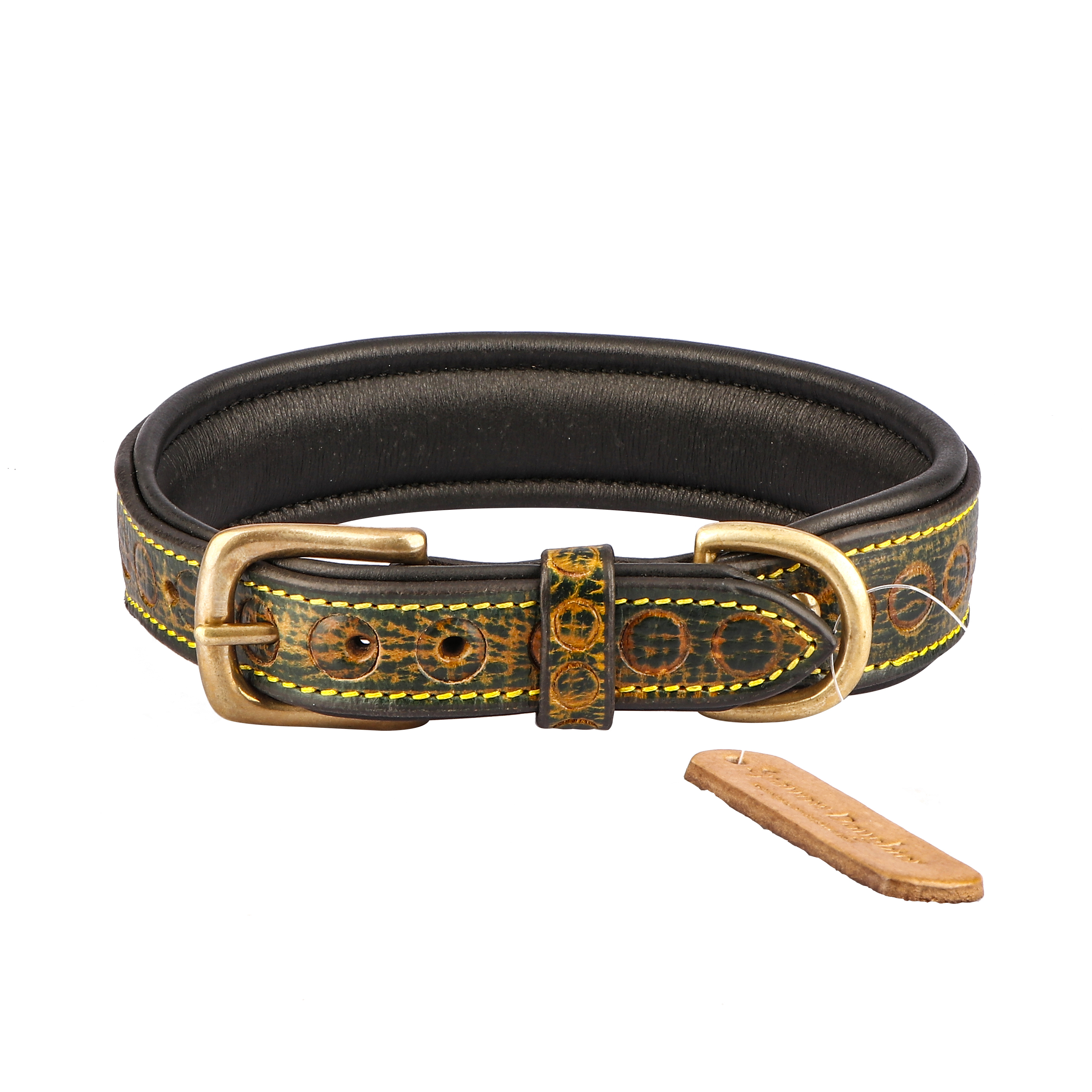Dog Collar For Small Medium Large Dogs With Tooling Design - Leather & Synthetic Material, Yellow Color, Durable, Handcrafted, Metal Buckle, Comfortable Fit