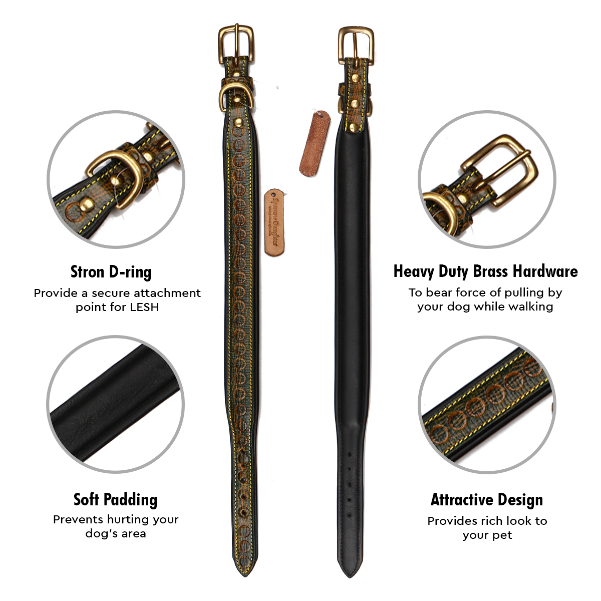 Dog Collar For Small Medium Large Dogs With Tooling Design - Leather & Synthetic Material, Yellow Color, Durable, Handcrafted, Metal Buckle, Comfortable Fit