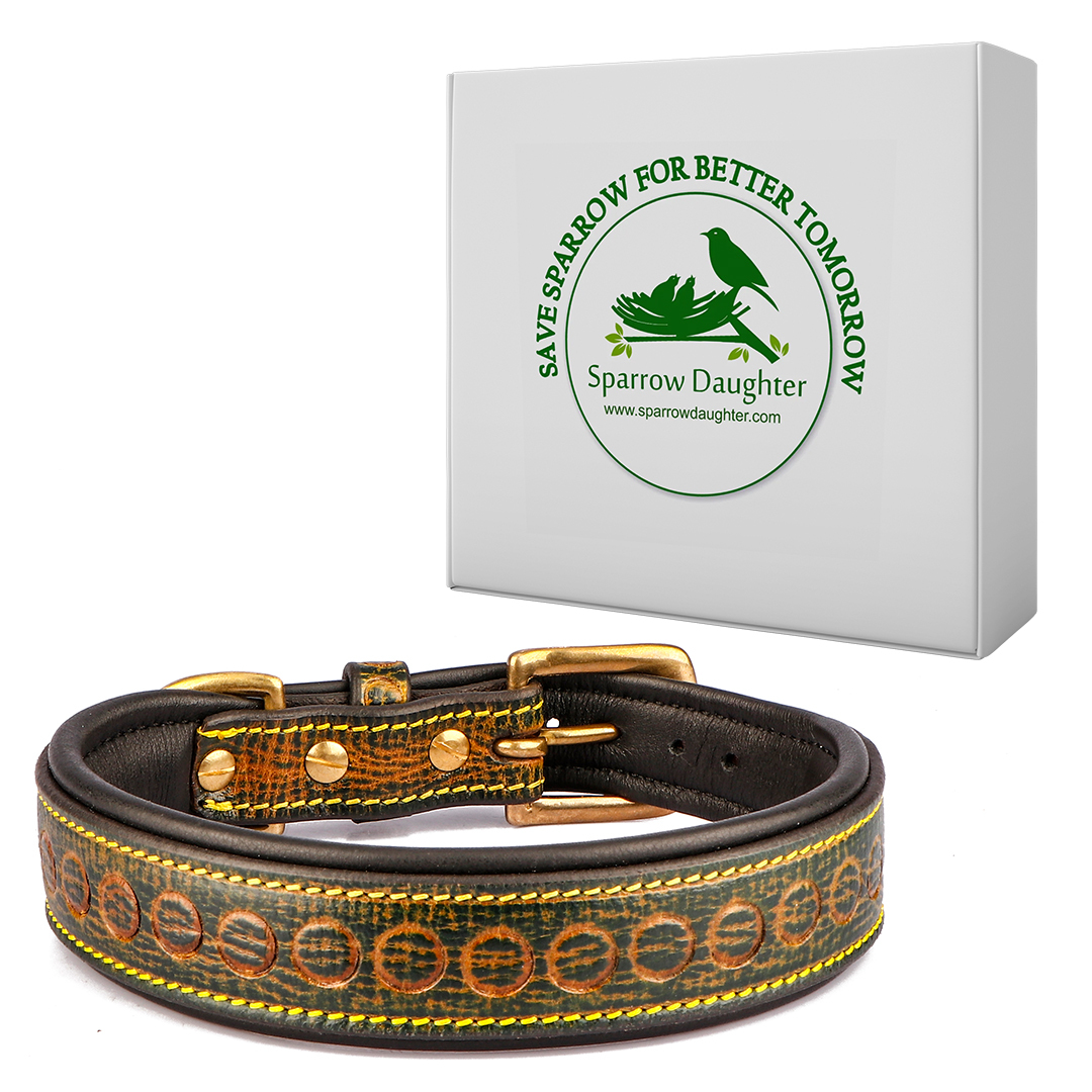 Dog Collar For Small Medium Large Dogs With Tooling Design - Leather & Synthetic Material, Yellow Color, Durable, Handcrafted, Metal Buckle, Comfortable Fit