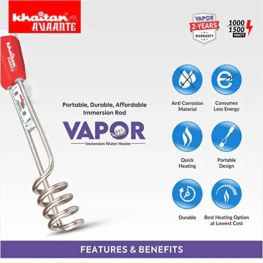 Immersion Heater - Plastic, Stainless Steel | 1000 Watts, 220-230v, Red, 2-year Warranty, Waterproof Heating Indicator, Safe Design, Fast Heating