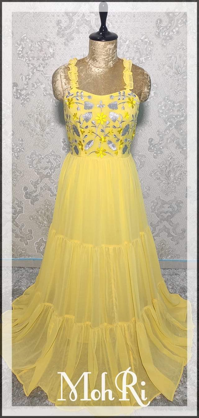 Georgette Yellow Frill Dress Size: Large