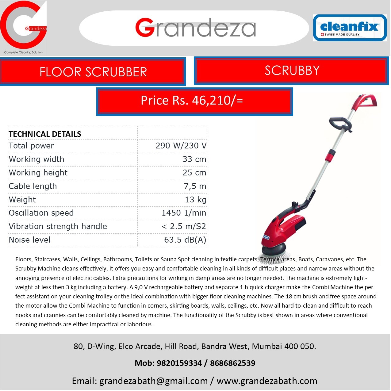 Cleanfix Scrubby - 290w Power, 33cm Width, 25cm Height | Lightweight 13kg Design, Quick-charging 9v Battery, Ideal For Difficult Corners And Narrow Spaces
