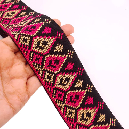 Ethnic Border Lace - Nylon, 9 m Size - Black-Multicolor, Embroidered One-Sided Design | Lightweight, Colorfast, Skin-Friendly Ethnic Elegance