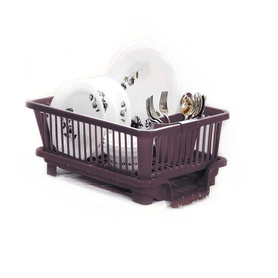 Unbreakable Plastic 3 In 1 Kitchen Sink Dish Drainer Drying Rack(0607a) - Plastic, 44x31x17 Cm, Mix Colour | Features Diversion Bottom Tray, Side Hooks, Small Hanging Tumbler For Utensil Organization