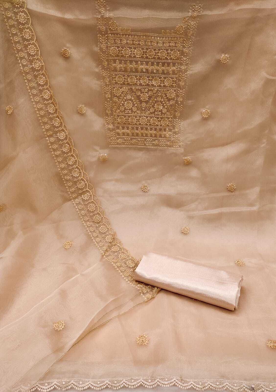 Embroidered Bhoomi Beige Tissue Dress Material