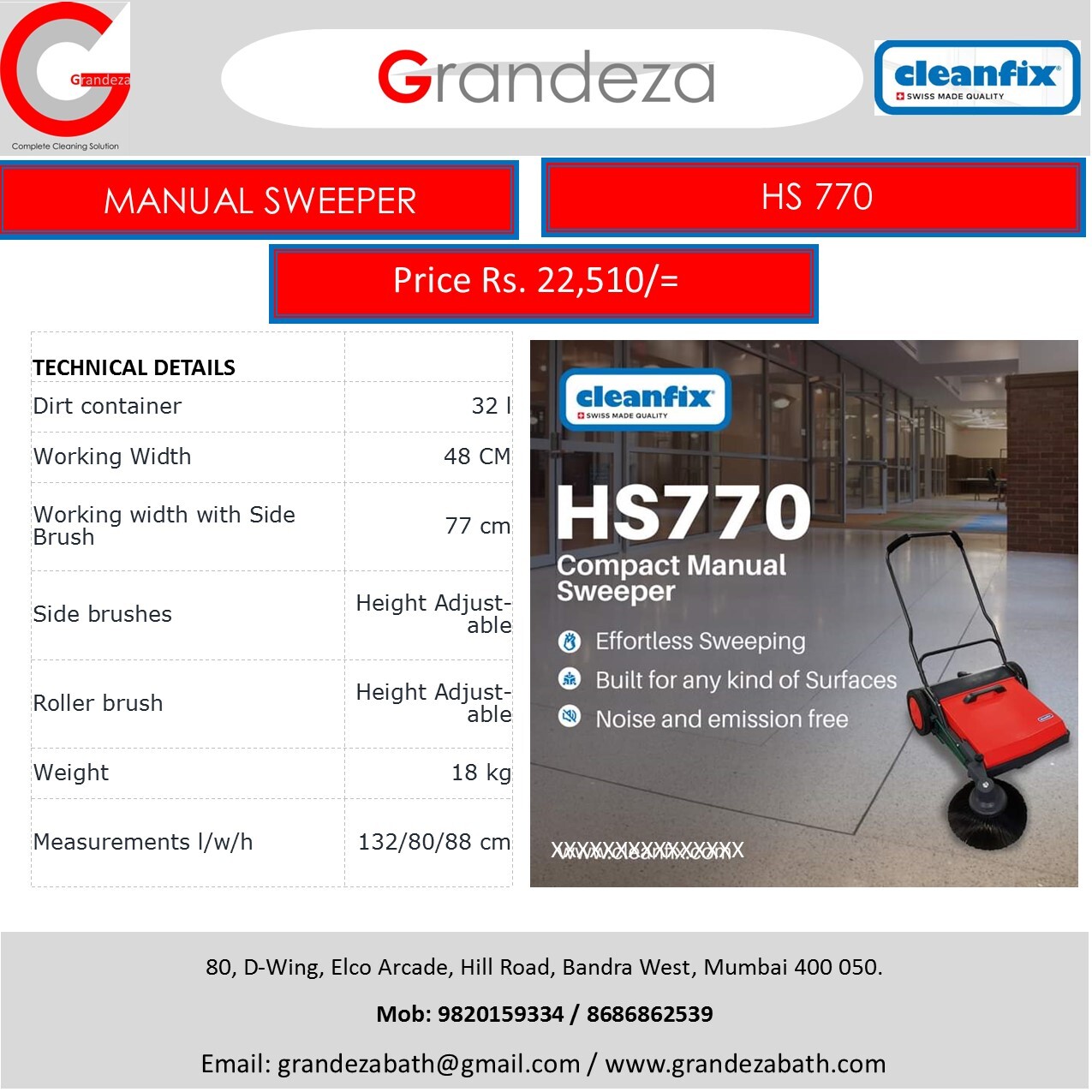 Cleanfix Hs770 Manual Sweeper - 32l Dirt Container, 48cm Working Width , Adjustable Side And Roller Brushes, Lightweight 18kg Design