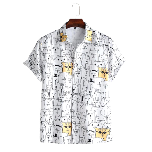 Mens Cartoon Printed Half Sleeves Shirt - Cotton Blend Material, Opaque White Color, Black Printed Humorous Design | Stylish Comfort For Casual Weekend Outings