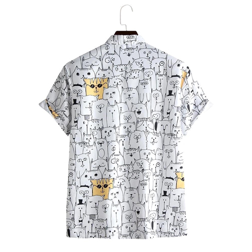 Mens Cartoon Printed Half Sleeves Shirt - Cotton Blend Material, Opaque White Color, Black Printed Humorous Design | Stylish Comfort For Casual Weekend Outings