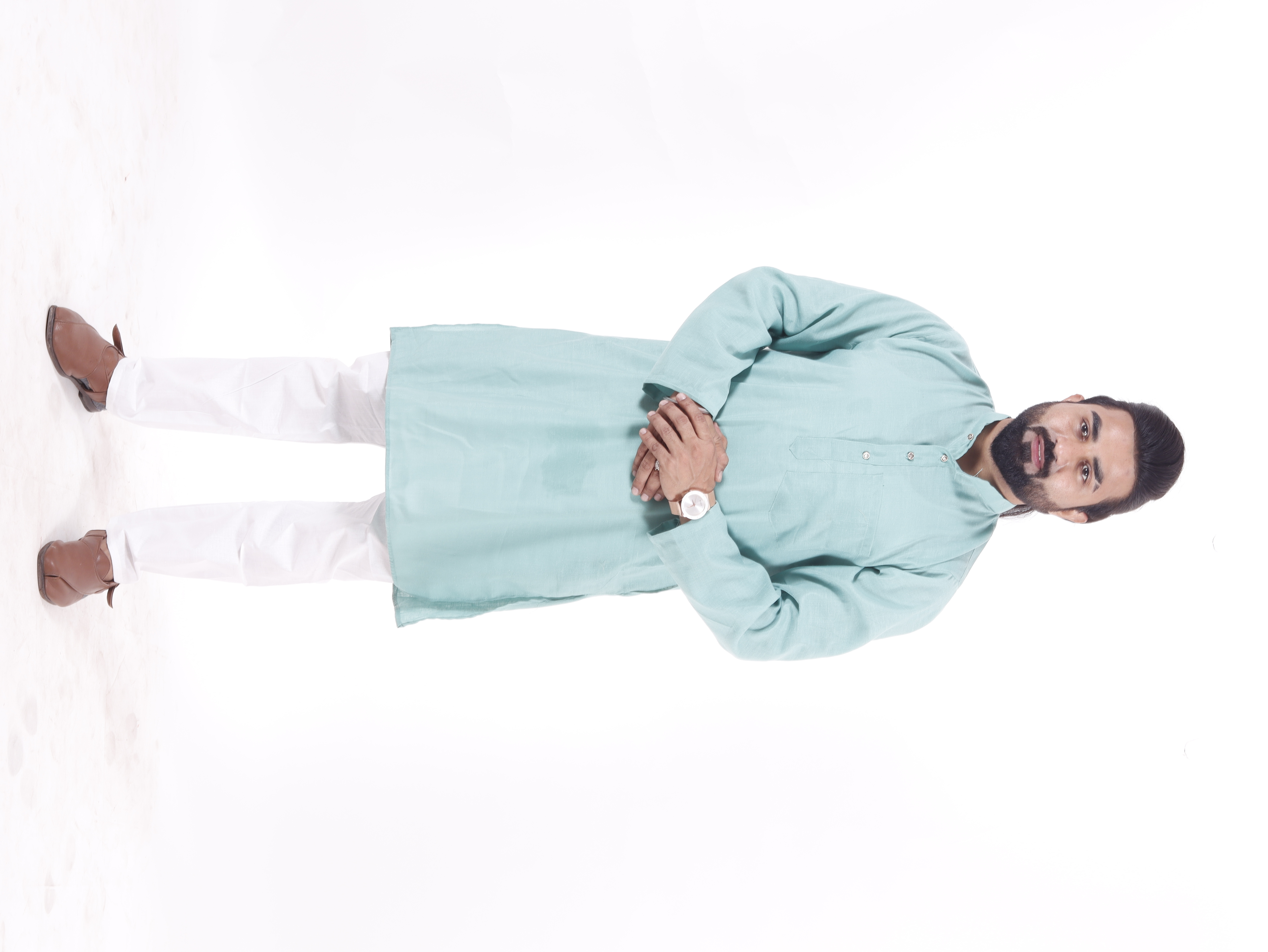 Organic Cotton Kurta - Soft Orange 38-44 Inch, Mandarin Collar, Long Sleeves, Breathable & Quick Dry For Spring & Summer Wear