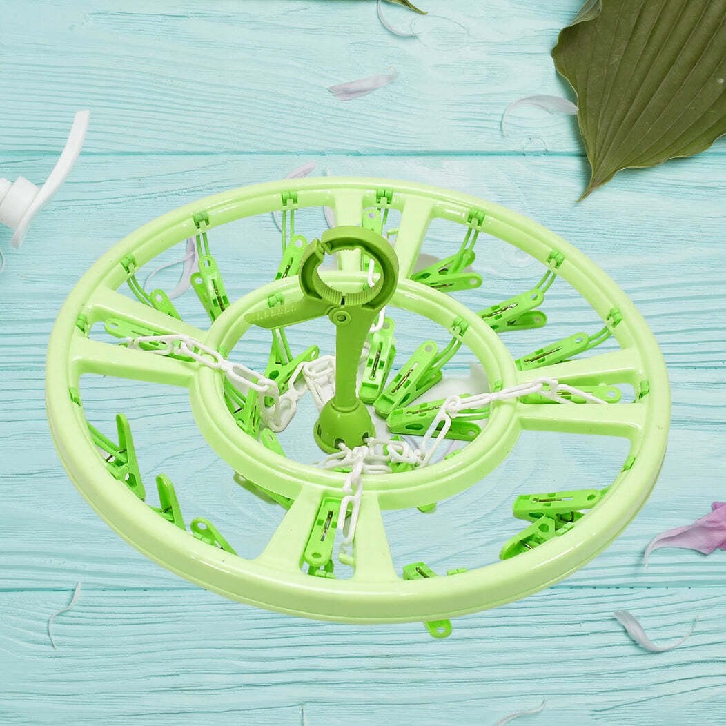 Plastic Round Cloth Drying Hanging Hanger(7287) - Prime Plastic, 35x35x5 Cm , Mix Colour | 360 Swivel Design, Windproof Hook, Easy Access Clips For Small Items