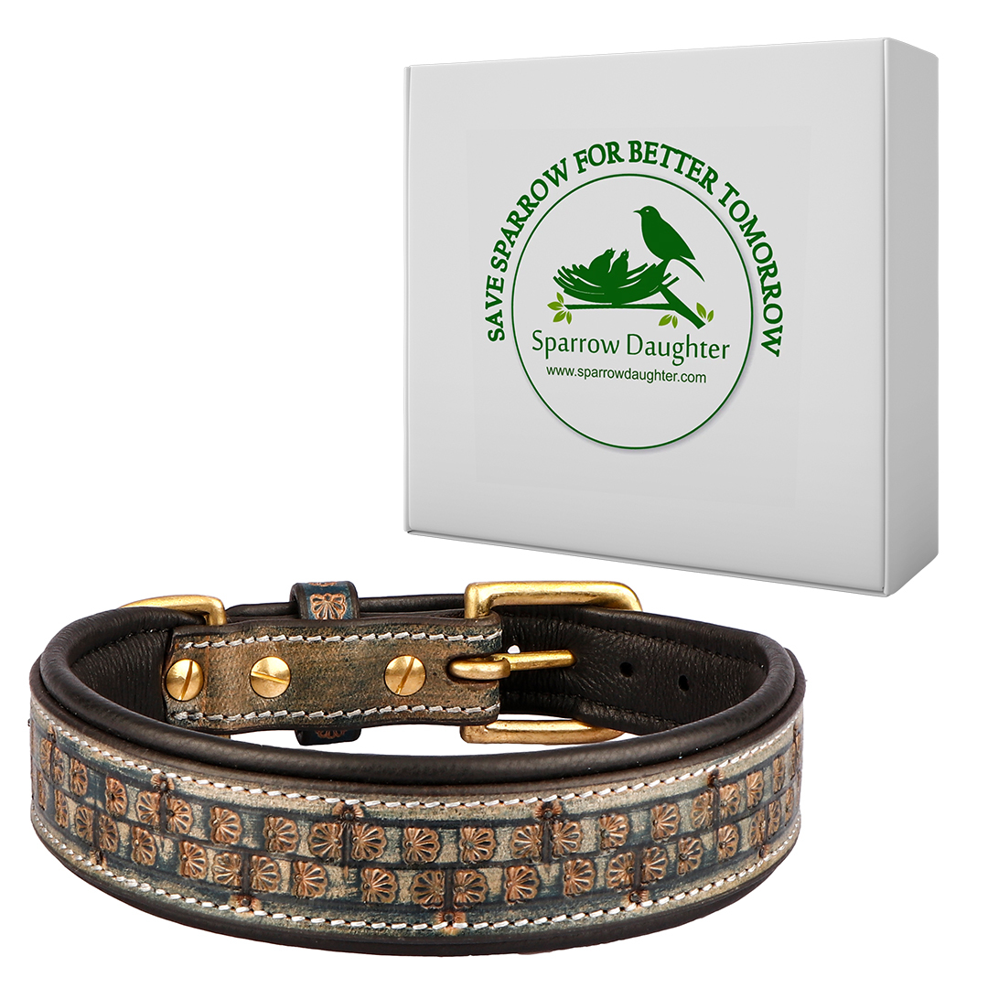 Leather Dog Collar For Medium And Large Dog With Hand Tooling