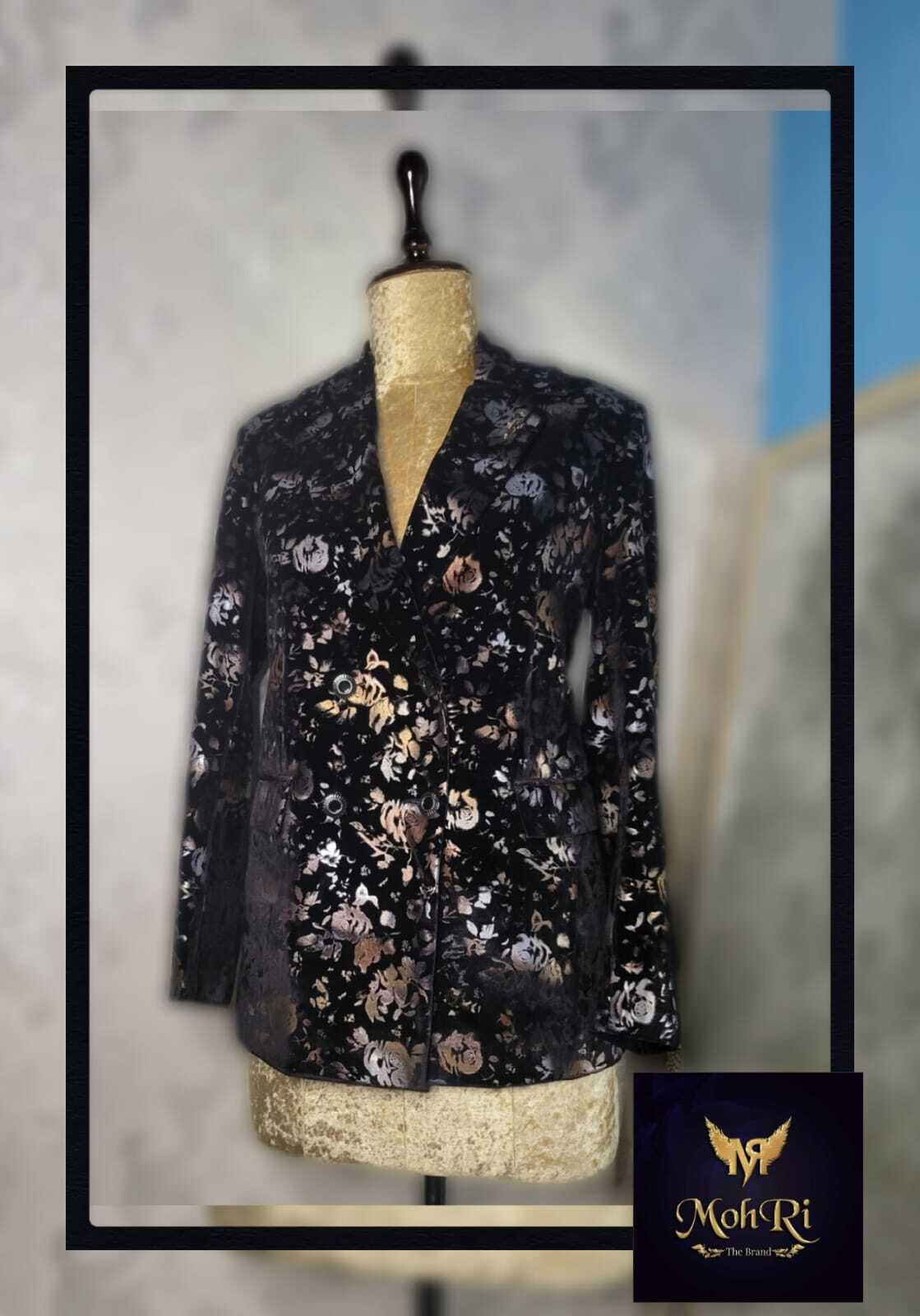 Ladies Blazer - Velvet Material, Slim Fit | Black Floral Pattern With Long Sleeves And Button Closure
