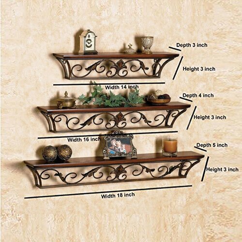 Wrought Iron Wall Shelf Set - Rectangular Sizes 18x4.5/12x3.5/9x3 Inches | Unique Jali Design, Black Powder Coated Finish For Indoor Home Decor