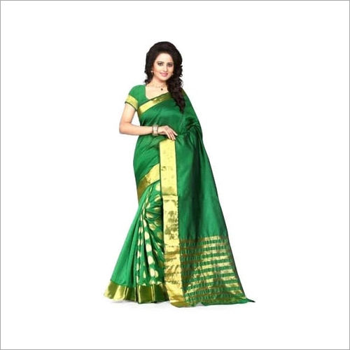 Green Silk Broad Border Plain Cotton Saree