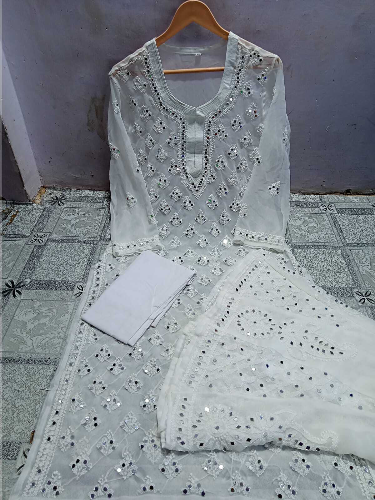 Lucknowi Latest Chiffon Booti Jaal With Inner And Sharara Set Febric Hand And Mirror Work Embroidry