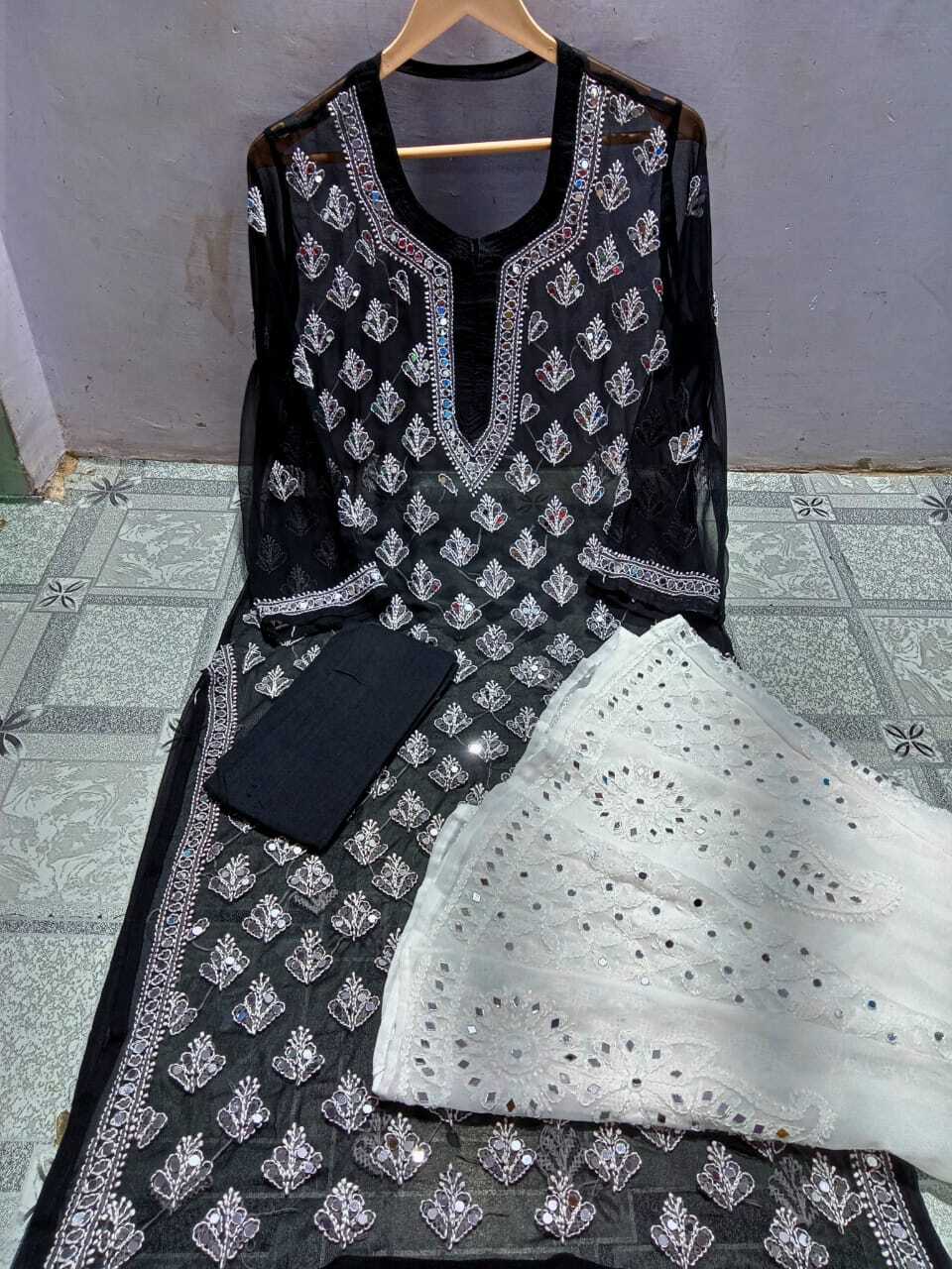 Lucknowi Latest Chiffon Booti Jaal With Inner And Sharara Set Febric Hand And Mirror Work Embroidry