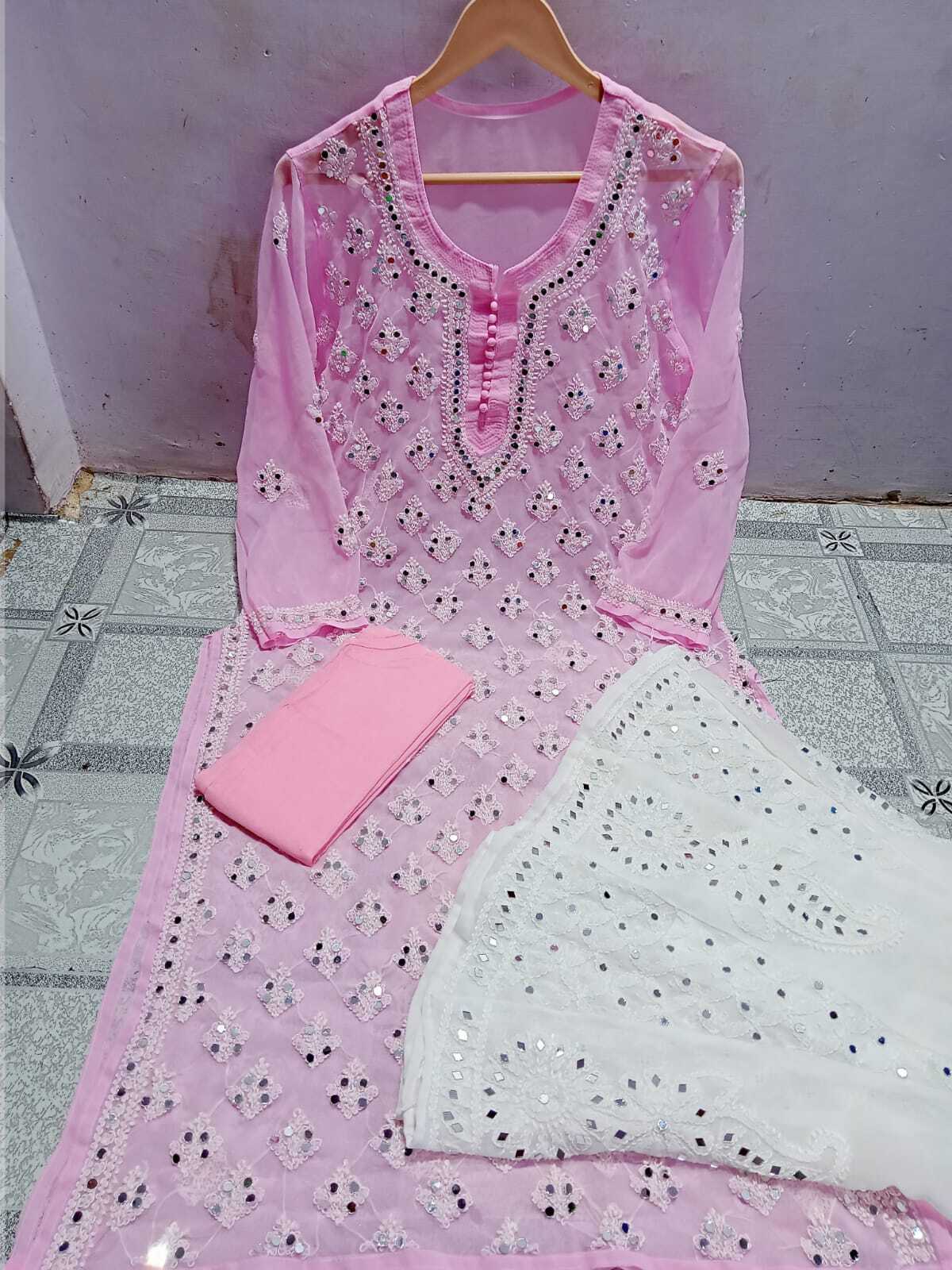 Lucknowi Latest Chiffon Booti Jaal With Inner And Sharara Set Febric Hand And Mirror Work Embroidry